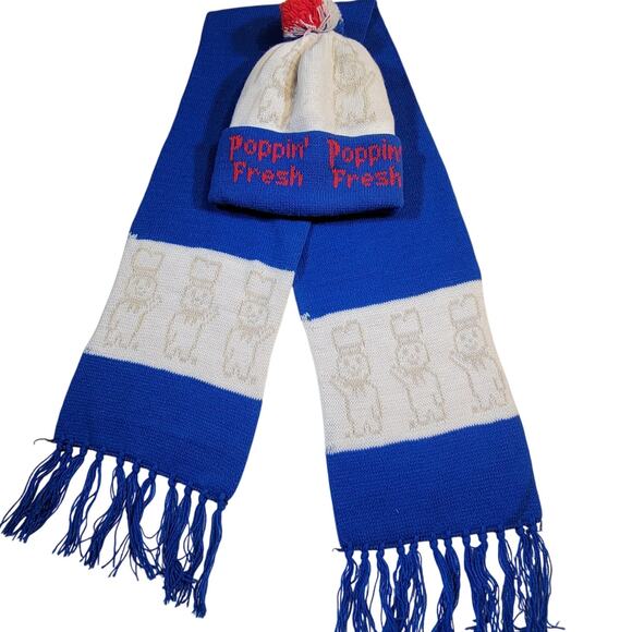 Vintage Pillsbury Doughboy Hat & 56" Long Scarf Set Poppin' Fresh Blue & White - Picture 7 of 11